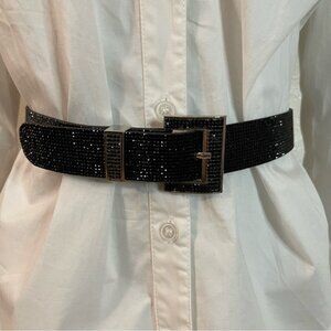 Black PU leather rectangle buckle with rhinestones details waist skinny belt